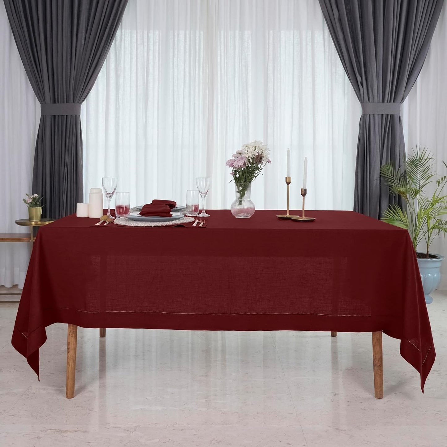 D'Moksha Homes Dark Red Linen Tablecloth for Rectangle Tables 60 x 102 Inch - Classic Hemstitch 100% Pure Linen Red Table Cloth - Machine Washable Dining Tablecloth for Thanksgiving, Christmas