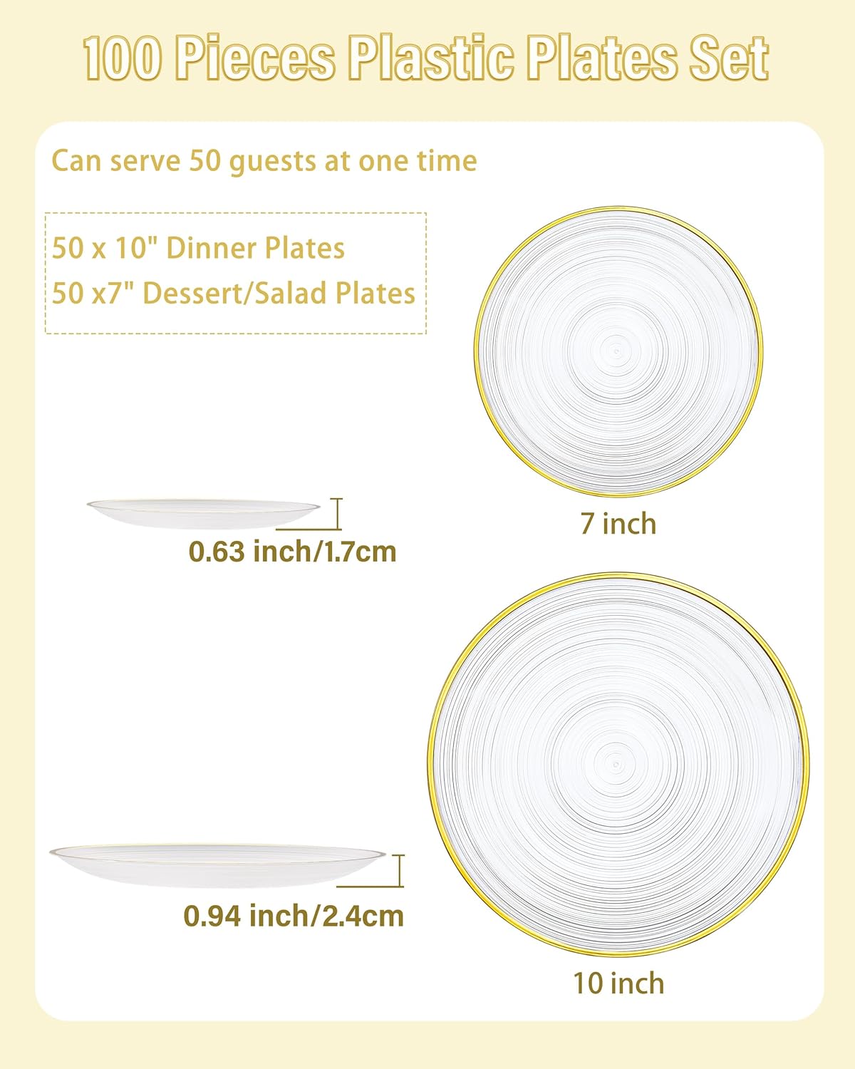 Morejoy 100Pcs Clear Plastic Plates,Clear Disposable Plates With Gold Rim,Heavy-duty Gold Plate, Modern swirl design Plate Include 50Clear Dessert-Platos,50Dinner-Platos for Party&Thanksgiving