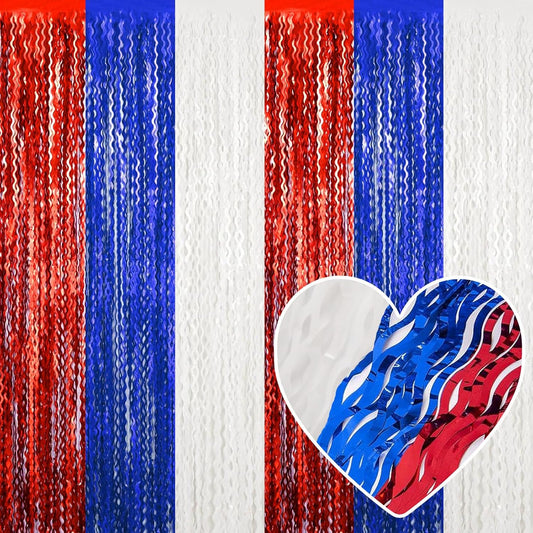 4 Pack White Blue Red Fringe Curtain Backdrop 3.2Ft x 8.2Ft Metallic Tinsel Foil Fringe Streamers Background for Photo Booth Mother's Day, Easter, Carnival, Birthday, Wedding Party Decoration