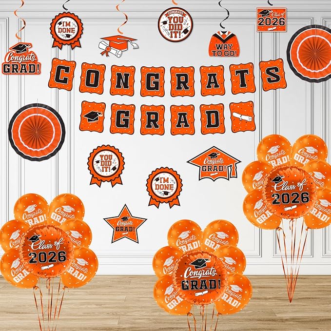 Orange Themed 2026 Graduation Decorations Set - Congrats Grad Banner, Class of 2026 Backdrop, Balloons & Streamers Kit - Complete Party Supplies for High School & College Celebrations