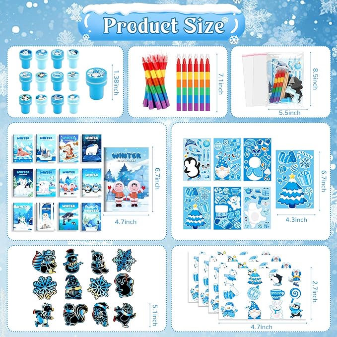 BenLouis Winter Party Favors Set Holiday Themed Coloring Book Classroom Gift Prizes Bulk for Students Kids Christmas Frozen Birthday Goodie Bag Stuffers Pinata Filler (48Set Snowflake)