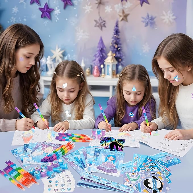 BenLouis 384pcs Frozen Party Favors Set for Kids Winter Snowflake Coloring Book Christmas School Classroom Gift Reward Prize Crafts Bulk for Students Frozen Birthday Goodie Bag Stuffers Supplies