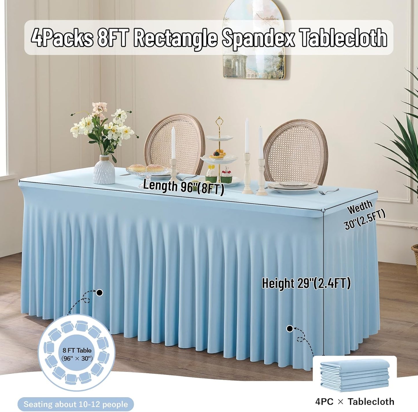 leegleri 4 Pack Blue Spandex Tablecloths for 8 Foot Rectangle Tables, Wrinkle Free Fitted Table Cloths 8ft Stretchy Table Cloth Cover with Skirt for Parties Weddings Birthday Banquet Baby Shower