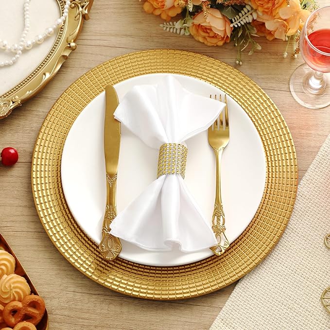 Tanlade 50 Set Bright Gold Charger Plates Bulk with Napkin Rings Plastic 13" Plate Charger Fluted Edge Wedding Decoration for Table Wedding Party Event(Chain)