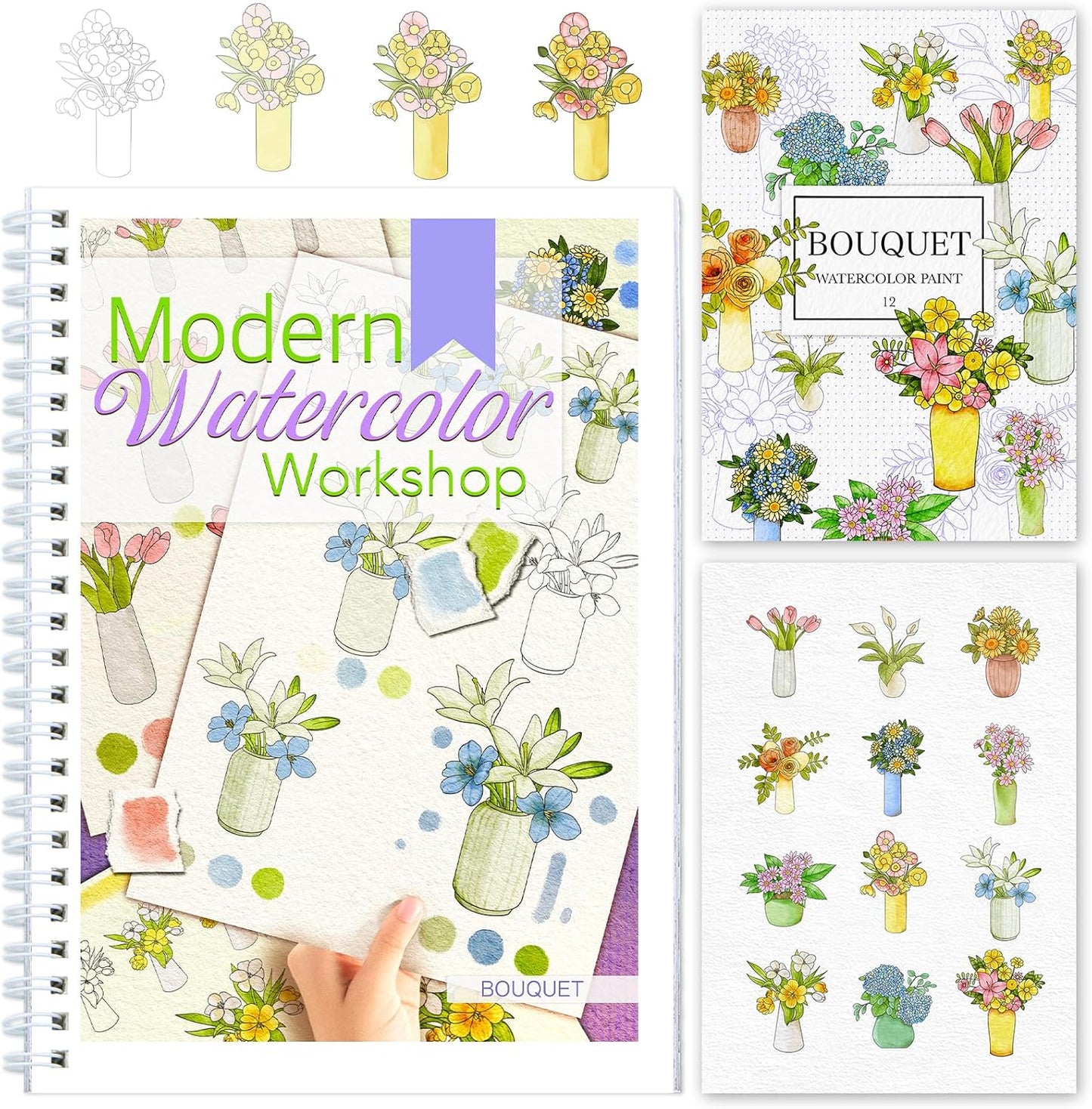 Watercolor Workbooks with Step by Step for Adults Teens - Beginner Watercolor Workbook with 12 Coloring Book Pages -100% Cotton 300gsm/140lb Watercolor Paper (Bouquet)
