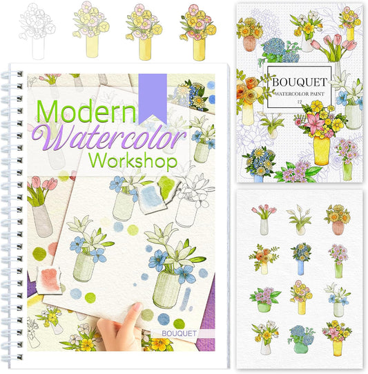 Watercolor Workbooks with Step by Step for Adults Teens - Beginner Watercolor Workbook with 12 Coloring Book Pages -100% Cotton 300gsm/140lb Watercolor Paper (Bouquet)