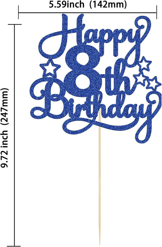 Happy 8th Birthday Cake Topper - Blue Glitter Cheers to 8 Years Old Cake Pick for Celebrating Anniversary Party Cake Decorations Supplies (1 Pack)