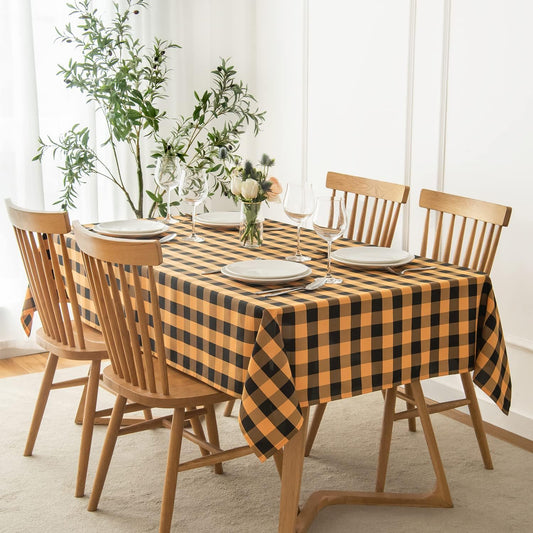 maxmill Checkered Rectangle Tablecloth Water Resistance Wrinkle Free Spillproof Heavy Weight Gingham Plaid Table Cloth for Buffet Banquet Parties Event Holiday Dinner, 60 x 84 Inch, Black and Orange