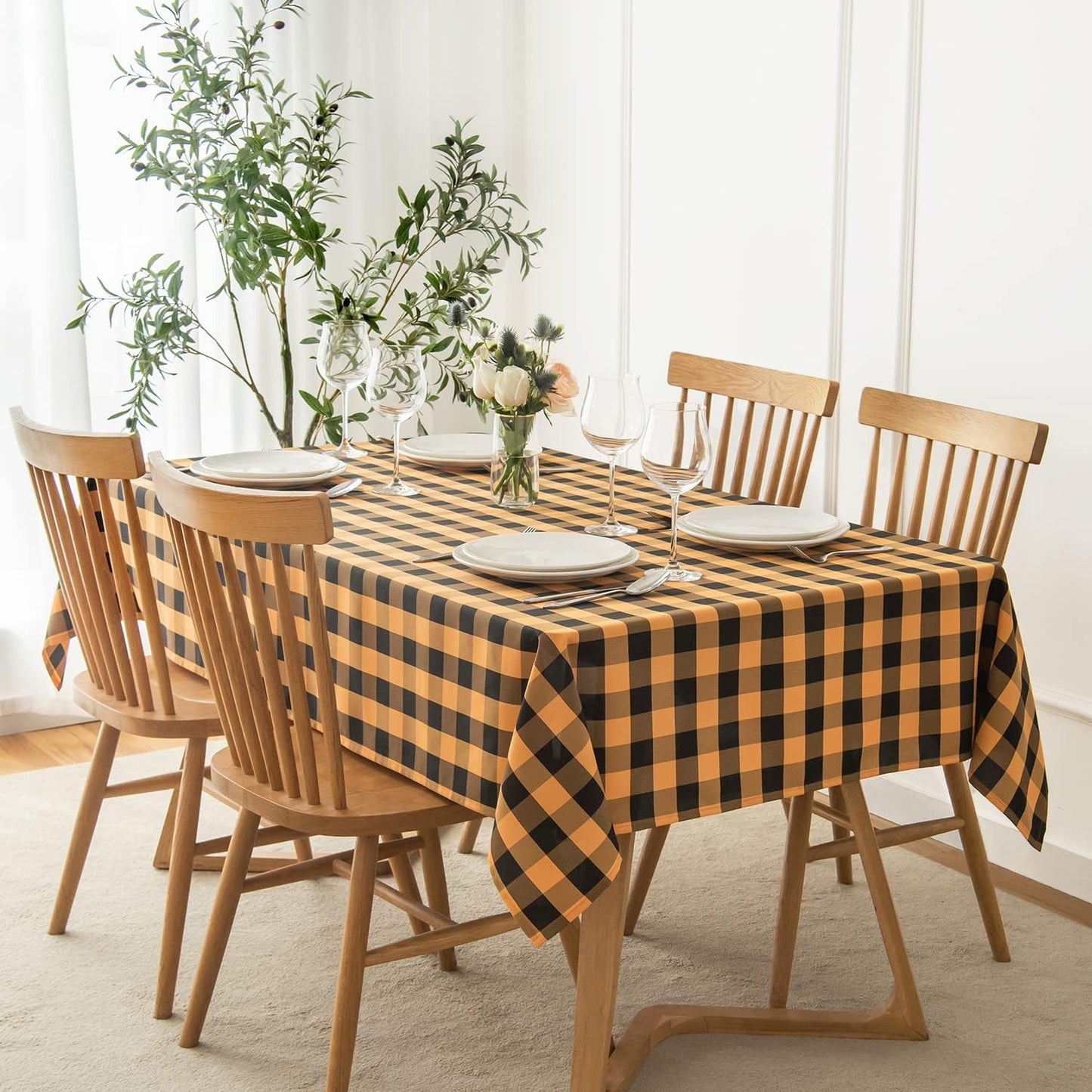 maxmill Checkered Rectangular Tablecloth Water Resistance Antiwrinkle Spillproof Heavy Weight Soft Gingham Plaid Table Cloth for Buffet Banquet Parties Holiday Dinner, 60 x 104 Inch Black and Orange