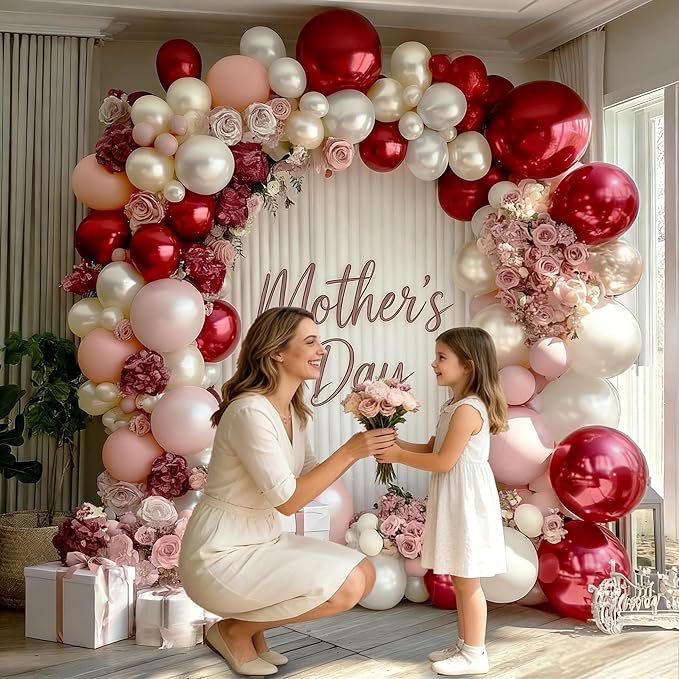 Red Pink White Balloons Double Stuffed Burgundy Pink Balloons Different Sizes Pearl White Burgundy Balloon Arch Kit for Bridal Wedding Birthday Baby Shower Mother's Day Party Decoration