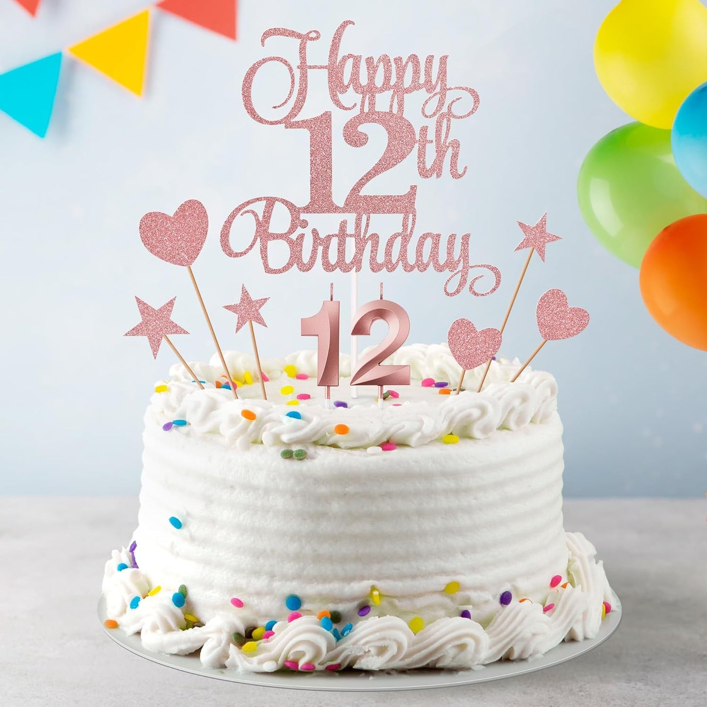 12th Birthday Cake Decorations, 12th Birthday Candles Cake Numeral Candles and Glitter Happy 12th Birthday Cake Toppers Set for Birthday Party Supplies (Rose Gold)