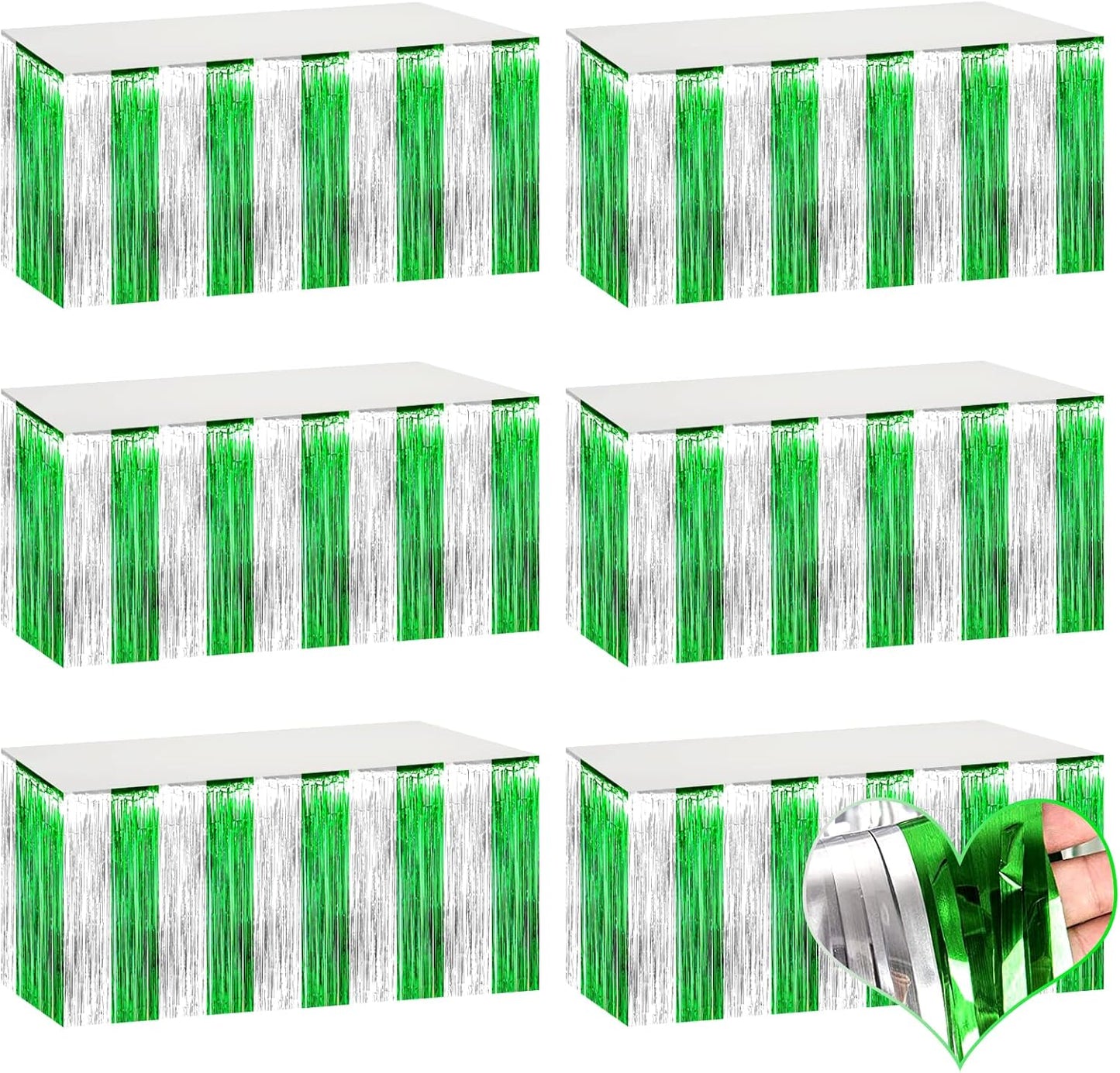 6 Pack 29x108 Inch Metallic Foil Fringe Table Skirts Banner for Tinsel Streamer Garland Curtains Backdrop for Parade Floats Wedding Birthday Mardi Gras, St Patrick Day Party Decorations(Silver Green)