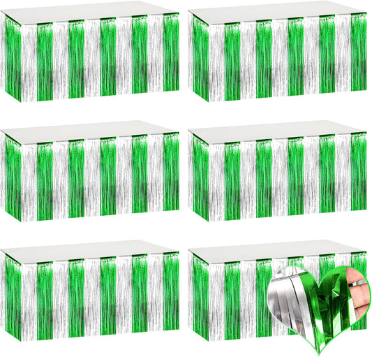 6 Pack 29x108 Inch Metallic Foil Fringe Table Skirts Banner for Tinsel Streamer Garland Curtains Backdrop for Parade Floats Wedding Birthday Mardi Gras, St Patrick Day Party Decorations(Silver Green)