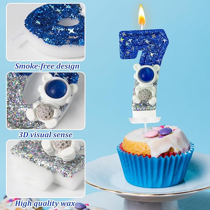 HXOUSE Astronaut 7th Birthday Candle - Space Universe Sparkler 7 Candle for Birthday Cake Boy, Topper for Party Decorations Anniversary Celebrations (Number 7)