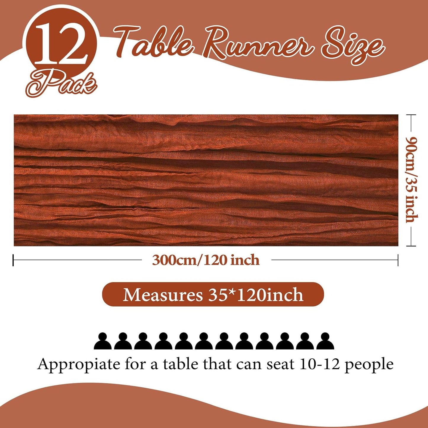 12 Pack 10FT Terracotta Cheesecloth Table Runner 35x120 Inch Gauze Rustic Boho Burnt Orange Fall Table Runner Cheese Cloth for Wedding Decor Birthday Party Bridal Baby Shower Centerpiece Decoration