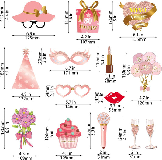 Birthday Decorations, Tumwisk 33PCS 30th Birthday Decorations for Girls, Rose Gold Happy 30th Photo Booth Props Glitter Girl Party Selfie Props(30th)