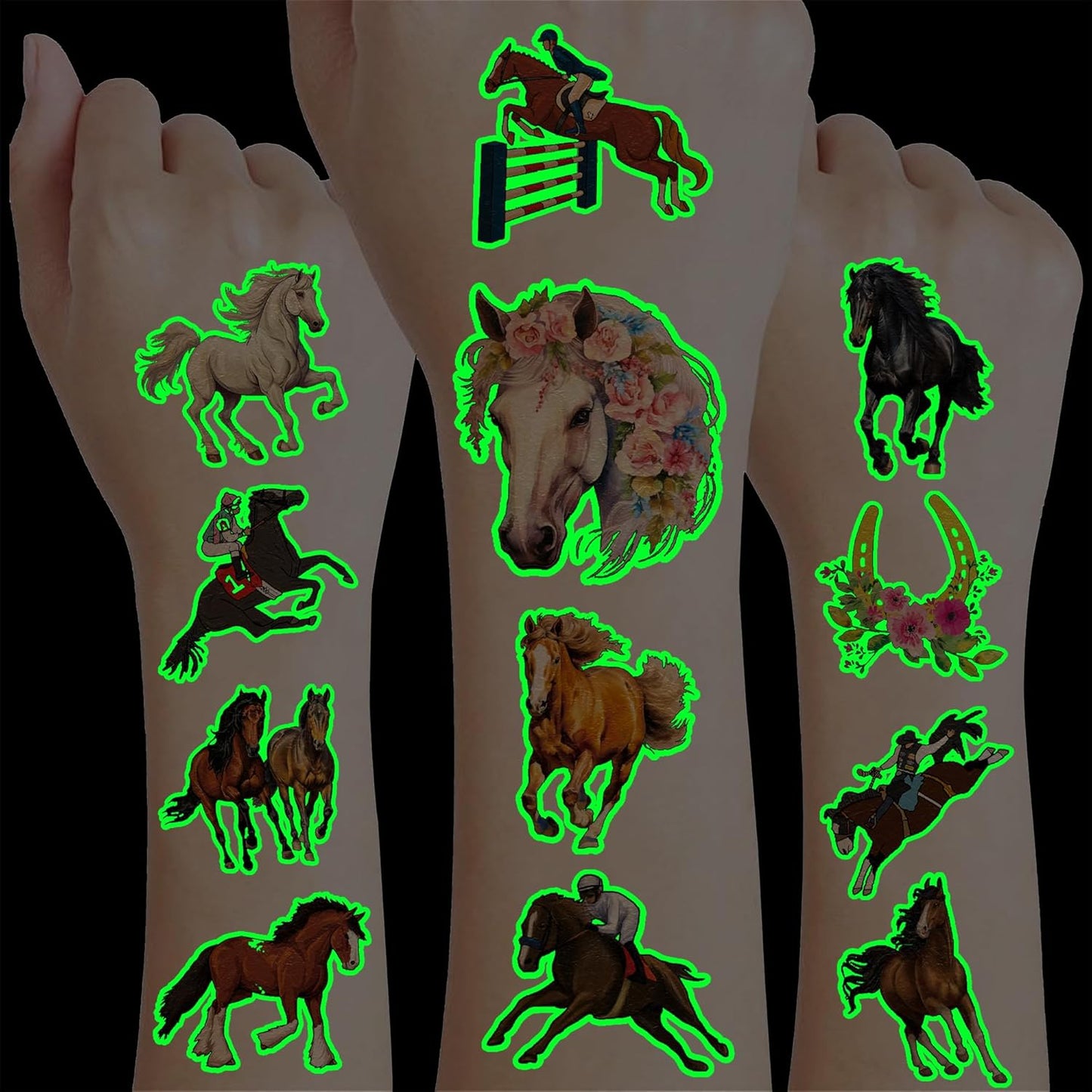 96 PCS Floral Cowgirl Horse Derby Pre-Cut Temporary Tattoos Birthday Party Favors Decorations Supplies Stickers Racing Pink Wild Horse Rodeo Cowboy Girls Boys Men Gift School Prizes Rewards (Luminous)