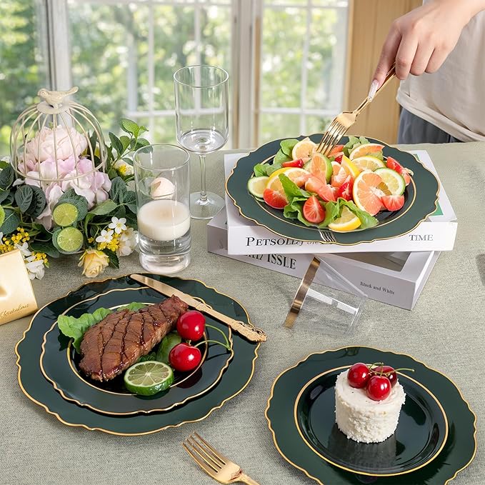 Liacere 175PCS Green Plastic Plates - Christmas Green Disposable With Gold Rim - 25Guest Baroque Plastic Dinnerware include 50Plates-25Pcs Pre Rolled Napkins with Silverware 25Cups for Party & Wedding