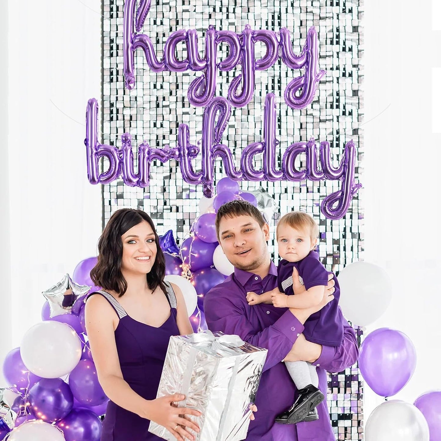TONIFUL Purple Happy Birthday Balloons 16 Inch Purple Mylar Foil Script/Cursive Letters Balloons Sign Banner Reusable Material for Girls Boys Kids & Adults Birthday Decorations