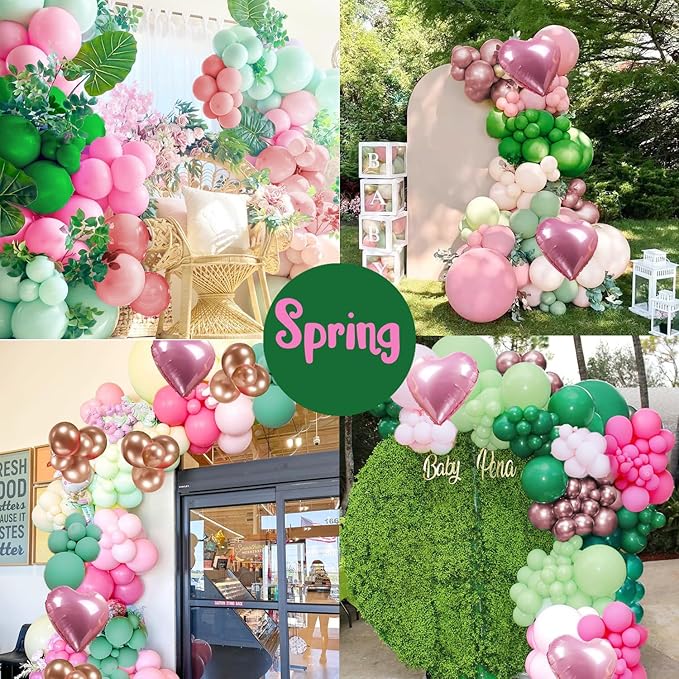 Spring Pink and Green Balloon Garland Arch Kit 151 Pcs with Heart Shape mylar Balloons for Spring Girl Baby Shower Fairy tale wonderlad wildflower baby in bloom theme Birthday Party Decorations