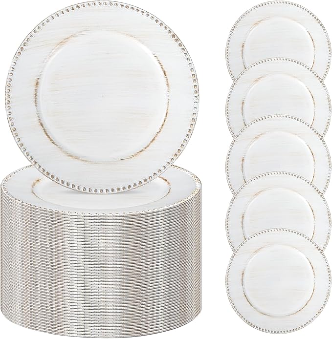 50 Pcs Vintage Bulk Plates, 13" Round White Decorative Plastic Table Chargers for Wedding, Holiday, Baby Shower