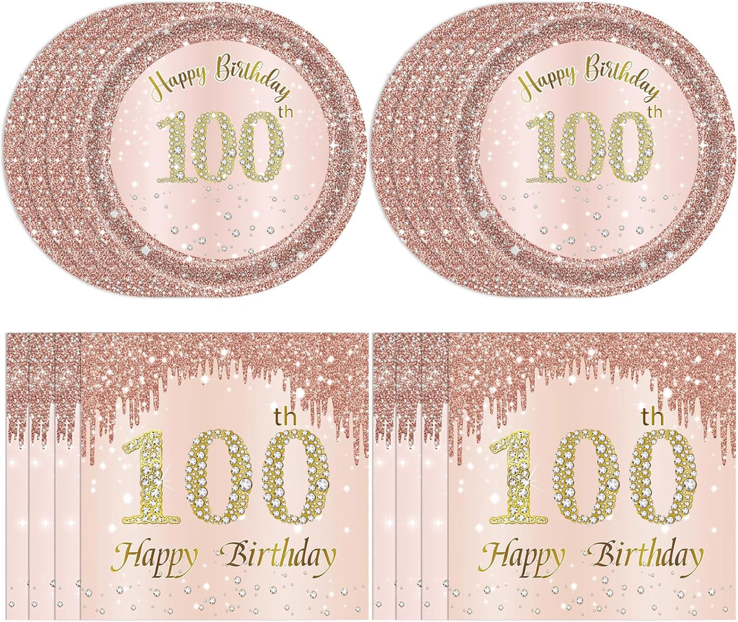 100th Birthday Decorations, Rose Gold Birthday Party Supplies Include 20Pcs Plates 20Pcs Napkins Sweet One Hundred Year Old Birth Party Tableware for Girl Ladies Women