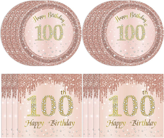 100th Birthday Decorations, Rose Gold Birthday Party Supplies Include 20Pcs Plates 20Pcs Napkins Sweet One Hundred Year Old Birth Party Tableware for Girl Ladies Women