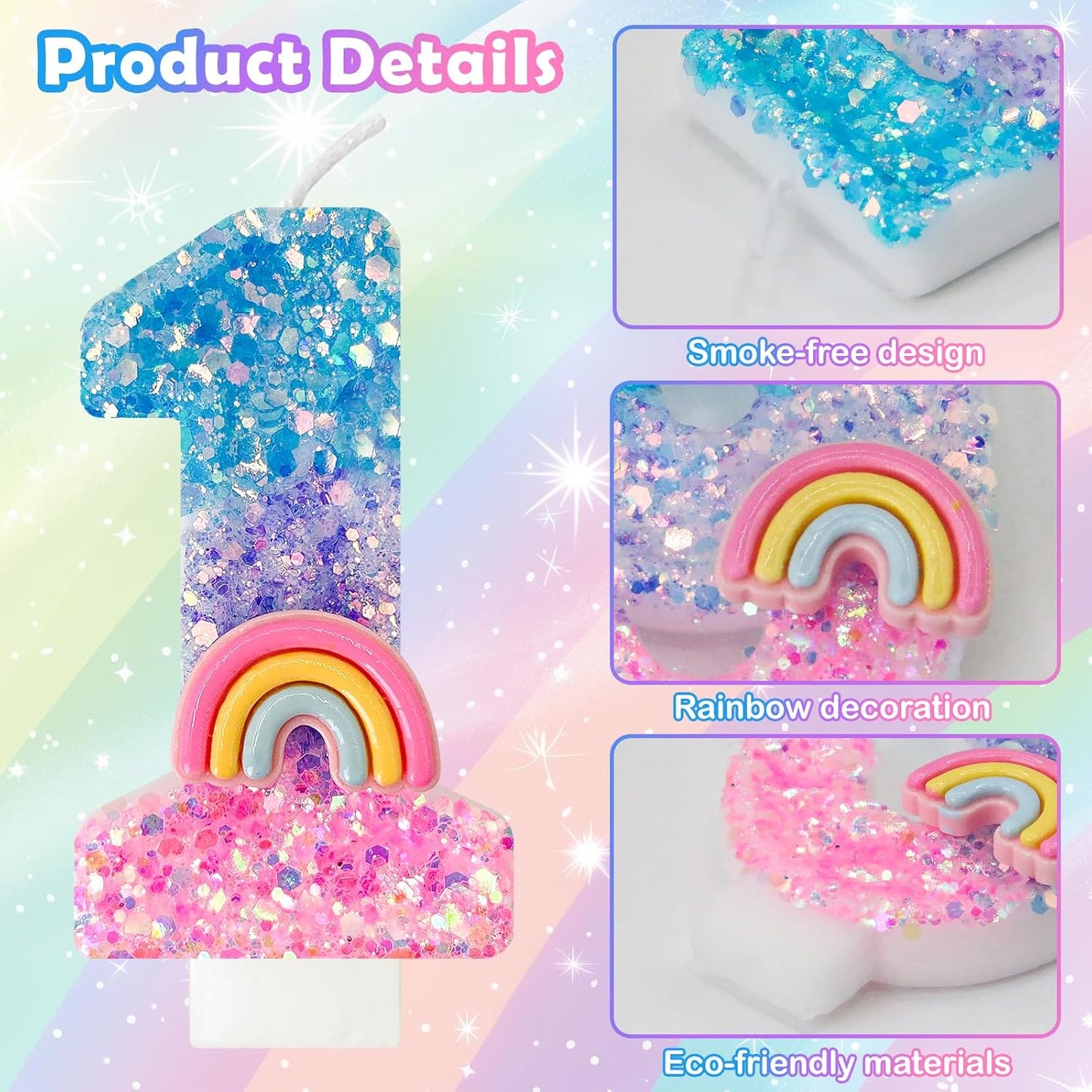 Rainbow Birthday Number Candles, Number 1 Candles, Cupcake Decorations, Macaron Birthday Cake Decorations, Cartoon Theme Party Supplies (Number 1)