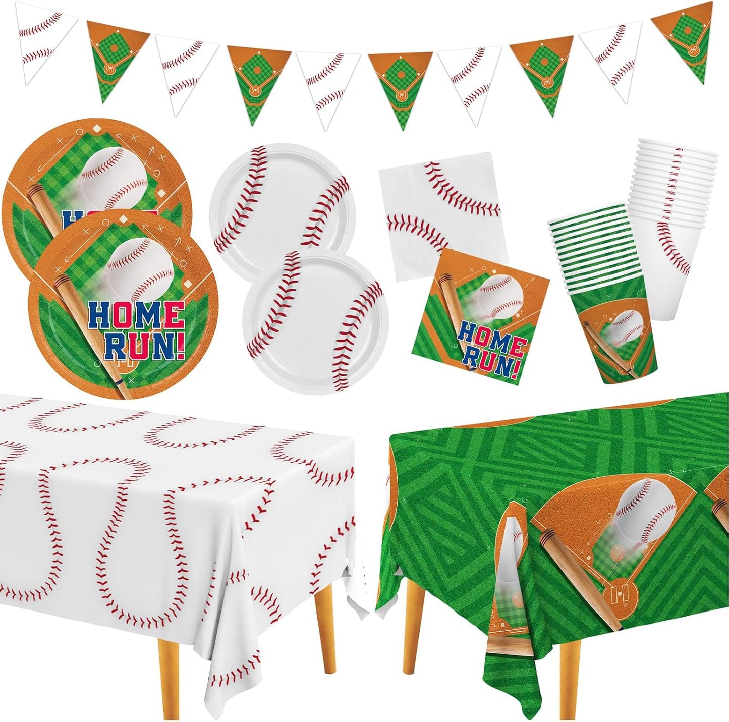 Baseball Party Supplies Kit for 24 - Complete with Dinner & Dessert Plates, Napkins, Cups, Banner & Tablecloth Baseball Birthday & Gameday Celebrations，Baseball Party Decorations & Favors