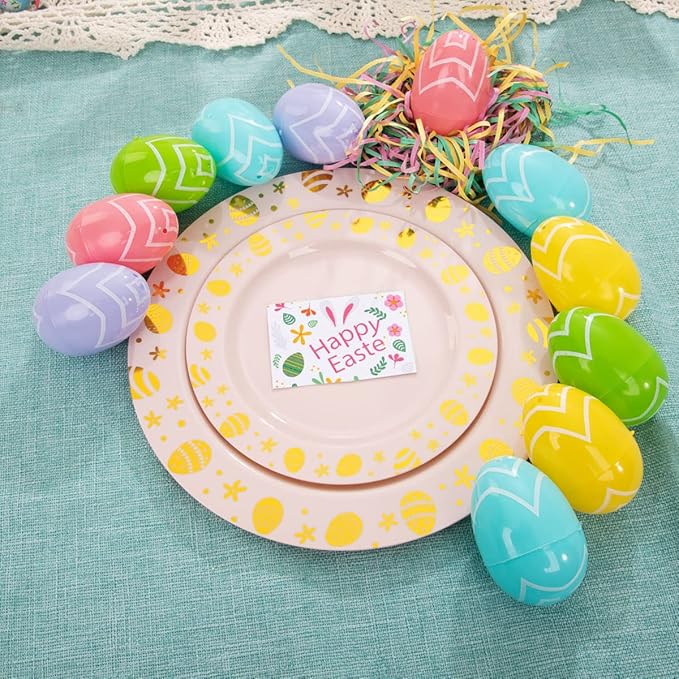 LIYH 60 Pcs Pink Plastic Easter Egg Plates Disposable Dinner & Dessert Plates with Gold Rim for Easter Day Party Decor 30 Guests