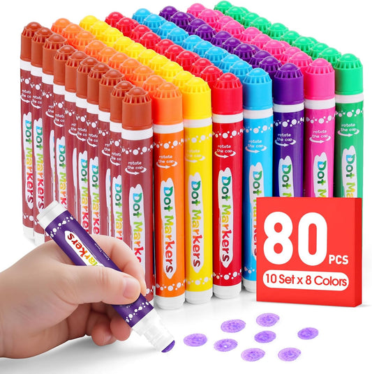 FUMILE 80 Pcs Dot Markers Bulk, 8 Colors Bingo Daubers Bulk for Toddlers,Washable Bingo Markers,Bingo Supplies,Dot Paint for Painting, Drawing Coloring and Art Crafts（10 Boxs）