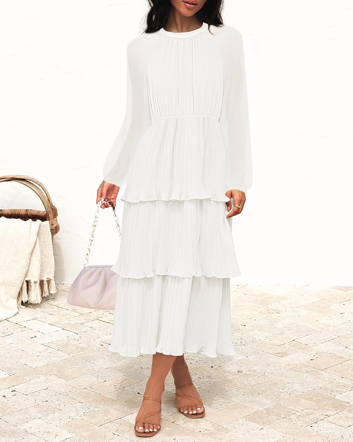 ZESICA Women's 2025 Long Sleeve Crew Neck Ruffle Tiered Layered Chiffon Flowy Swing Long Midi Dress