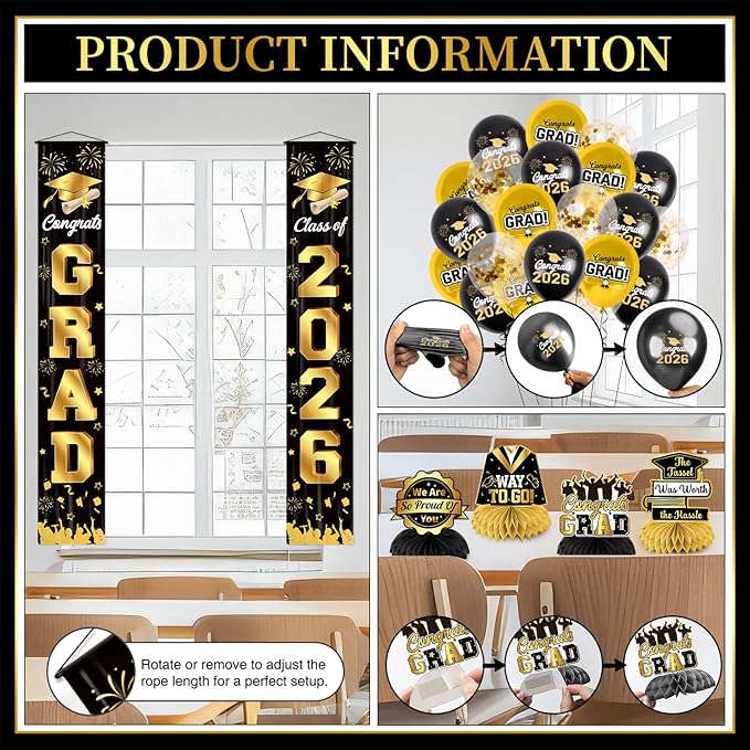 Graduation Decorations Class of 2026 Black and Gold Party Decor Set include Congrats Grad Banner Graduation Backdrop Class of 2026 Balloons Party Supplies