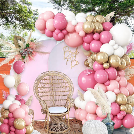 Hot Pink White Gold Balloon Garland Arch Kit, 148Pcs Hot Dusty Pink White Gold Balloons for Baby Shower Wedding Bridal Shower Gender Reveal Birthday Party Decorations