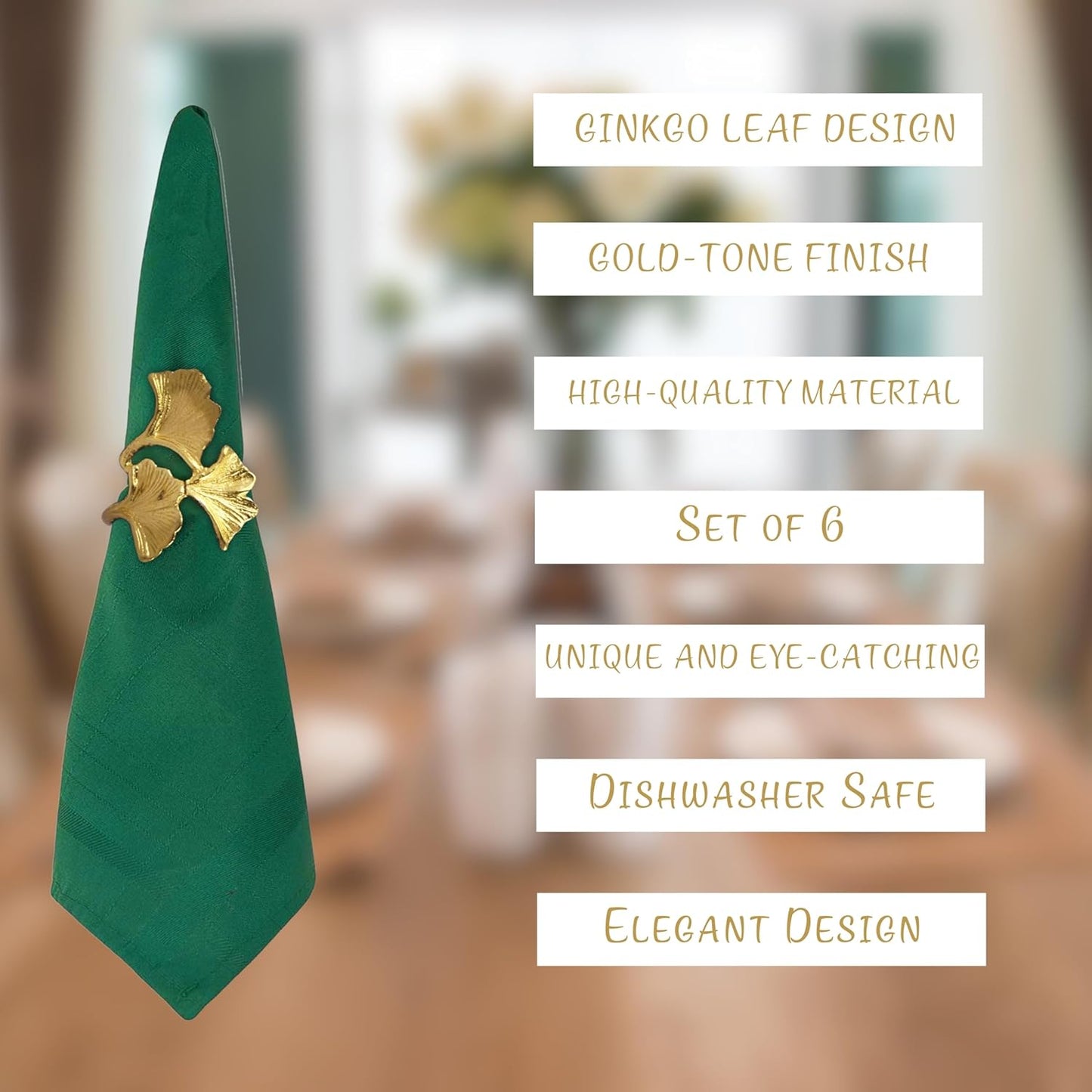 Gold-Tone Ginkgo Leaf Napkin Rings - Set of 6 - Unique and Elegant Tableware 5X4 Inchs Golden