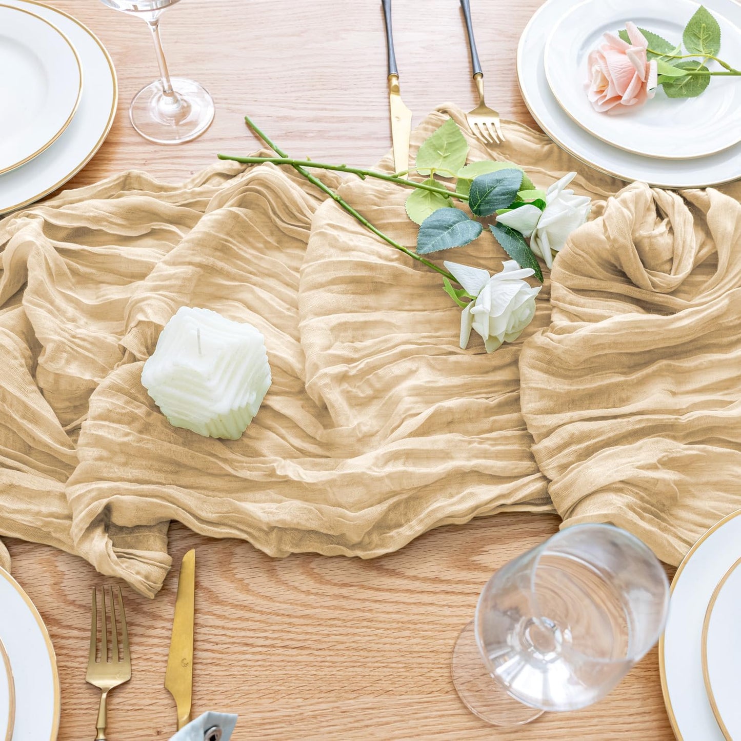 Wokceer Cheesecloth Table Runner 2Pack 10FT Sand Boho Christmas Gauze Cheese Cloth Table Runner for Party Easter Rustic Sheer Table Runners for Baby Bridal Shower Wedding Table Decor