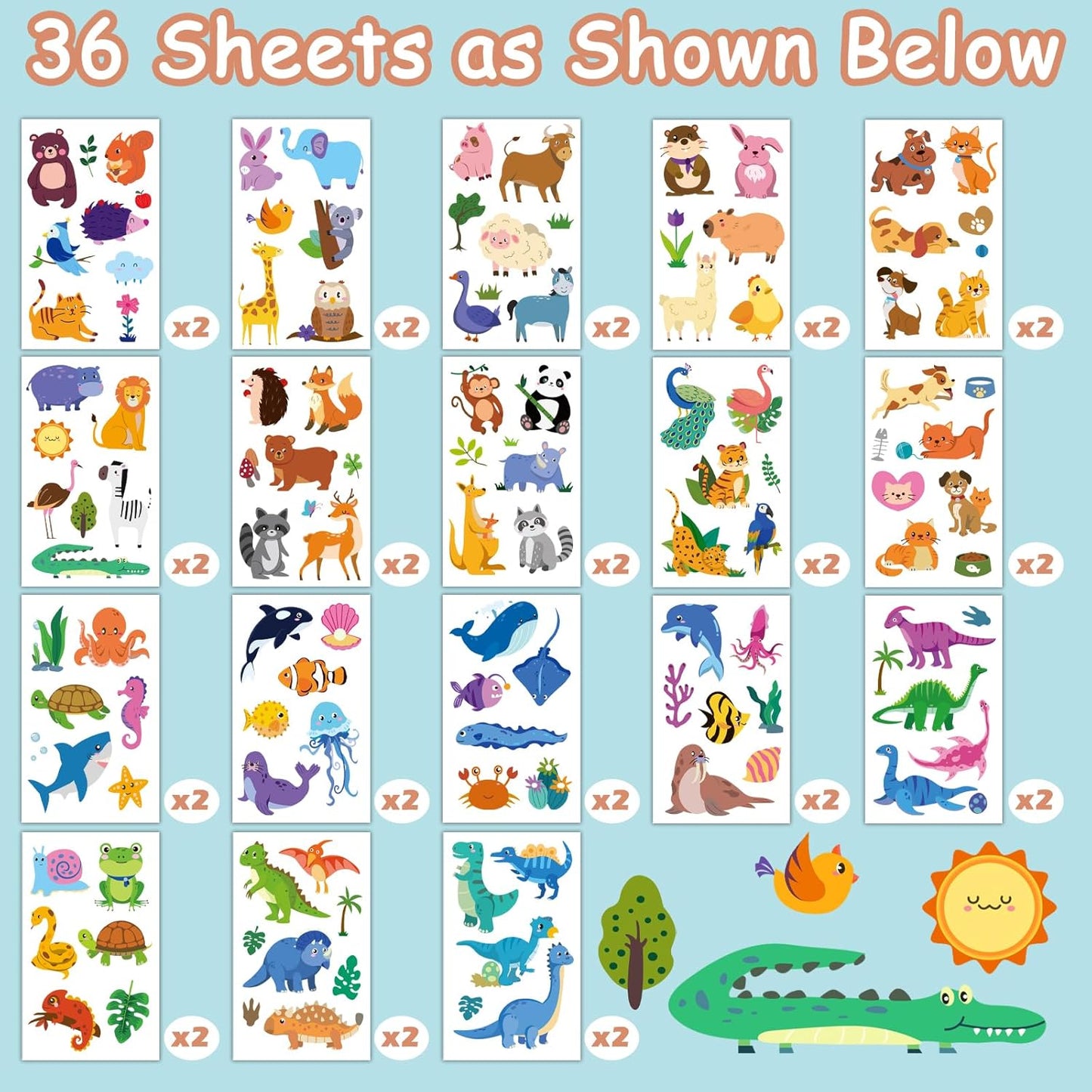 36 Sheets Temporary Tattoo, Animal Bear Tiger Elephant Panda Squirrel Dog Cat Fox Dinosaur Chameleon Crocodile Whale Dolphin Fake Tattoos for Boys Girls, Animal Party Decoration Supplie for Kid Adult