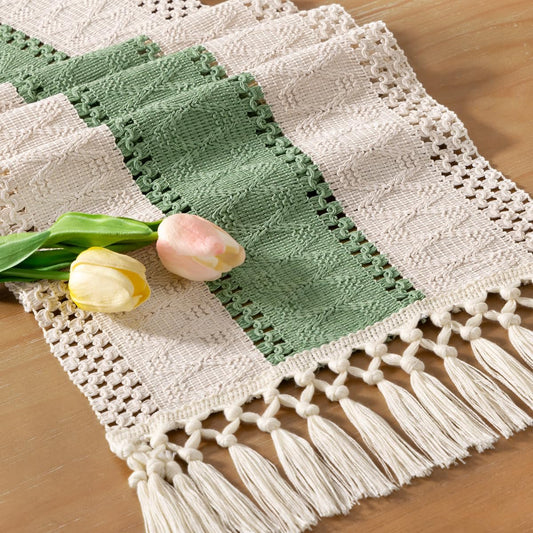 Socomi Boho Table Runner Fall Thanksgiving Farmhouse Rustic Dining Kitchen Decor Small Macrame Woven Cotton Linen Coffee Table Runner for Dresser Scarf Home Decor 12x60 inch Sage Green Ivory