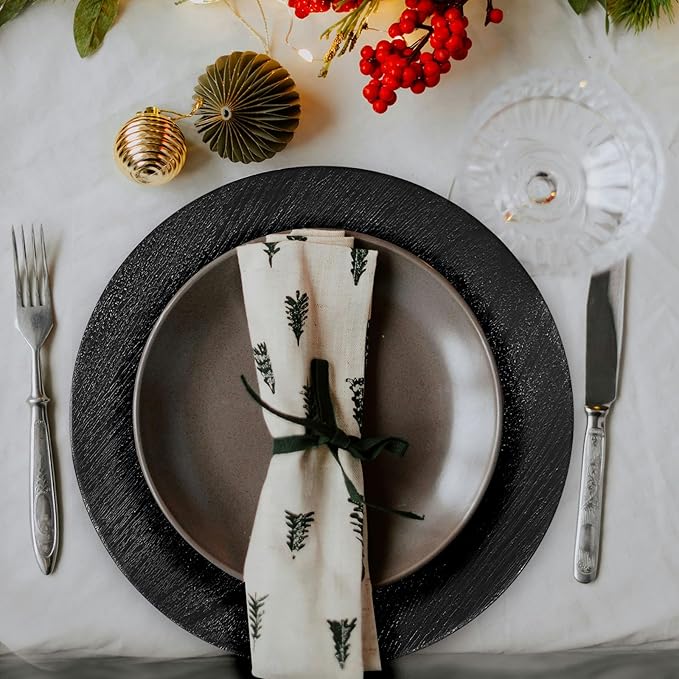 13" Black Faux Wood Charger Plates, Round Rustic Charger for Dinner Plates, Table Chargers Plate Bulk for Parties, Family Dinners, 6Pcs