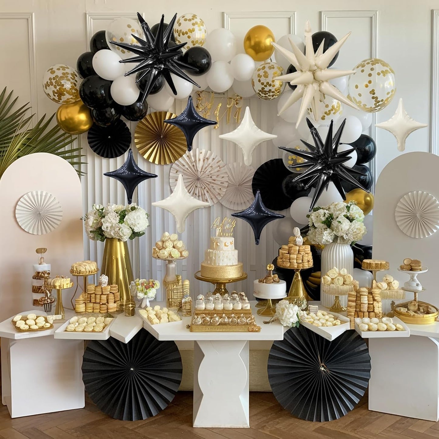 Black White Star Balloon,Sand White Black 6Pcs 22Inch Explosion Star Balloons and 10Pcs 10Inch Four Angle Balloons Kit for Birthday Anniversary Baby Shower Wedding Party Decorations