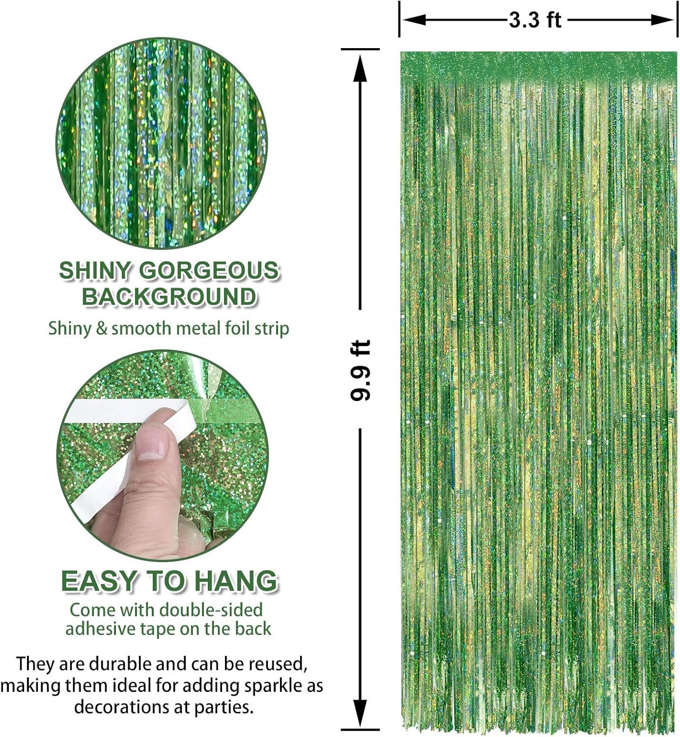Crosize 3 Pack 3.3 x 9.9 ft Laser Green Foil Fringe Curtains Party Decorations, Laser Green Tinsel Curtain Backdrop for Parties, Door Streamers, Glitter Streamer Backdrop for Birthday Decoration