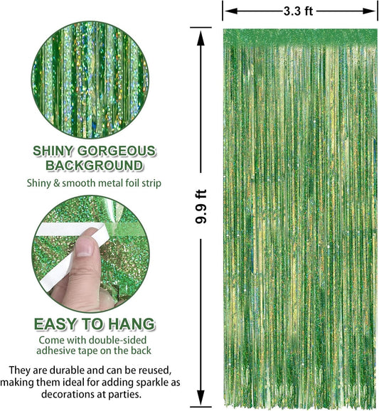 Crosize 3 Pack 3.3 x 9.9 ft Laser Green Foil Fringe Curtains Party Decorations, Laser Green Tinsel Curtain Backdrop for Parties, Door Streamers, Glitter Streamer Backdrop for Birthday Decoration