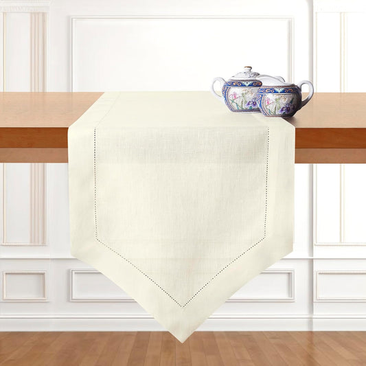 D'Moksha Homes Ivory Linen Table Runner 90 Inches Long - 100% Pure Linen Diamond Table Runner 14 x 90 Inch for Dining, Fall and Halloween - Machine Washable