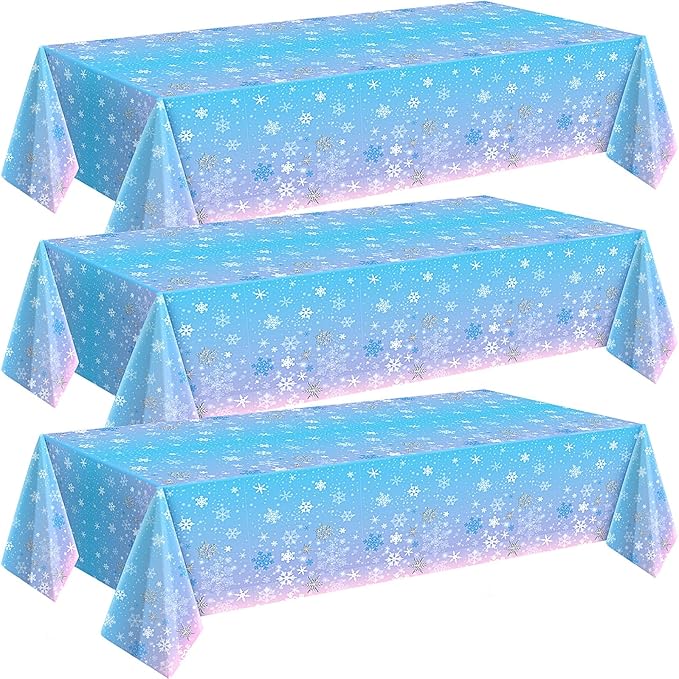 Buryeah 3 Pcs Winter Snowflake Disposable Tablecloth Decorations, Blue and Purple Wonderland Plastic Table Cover 54 x 108 Inch Christmas Dining Tablecloth for Winter Holiday Theme Party Supplies