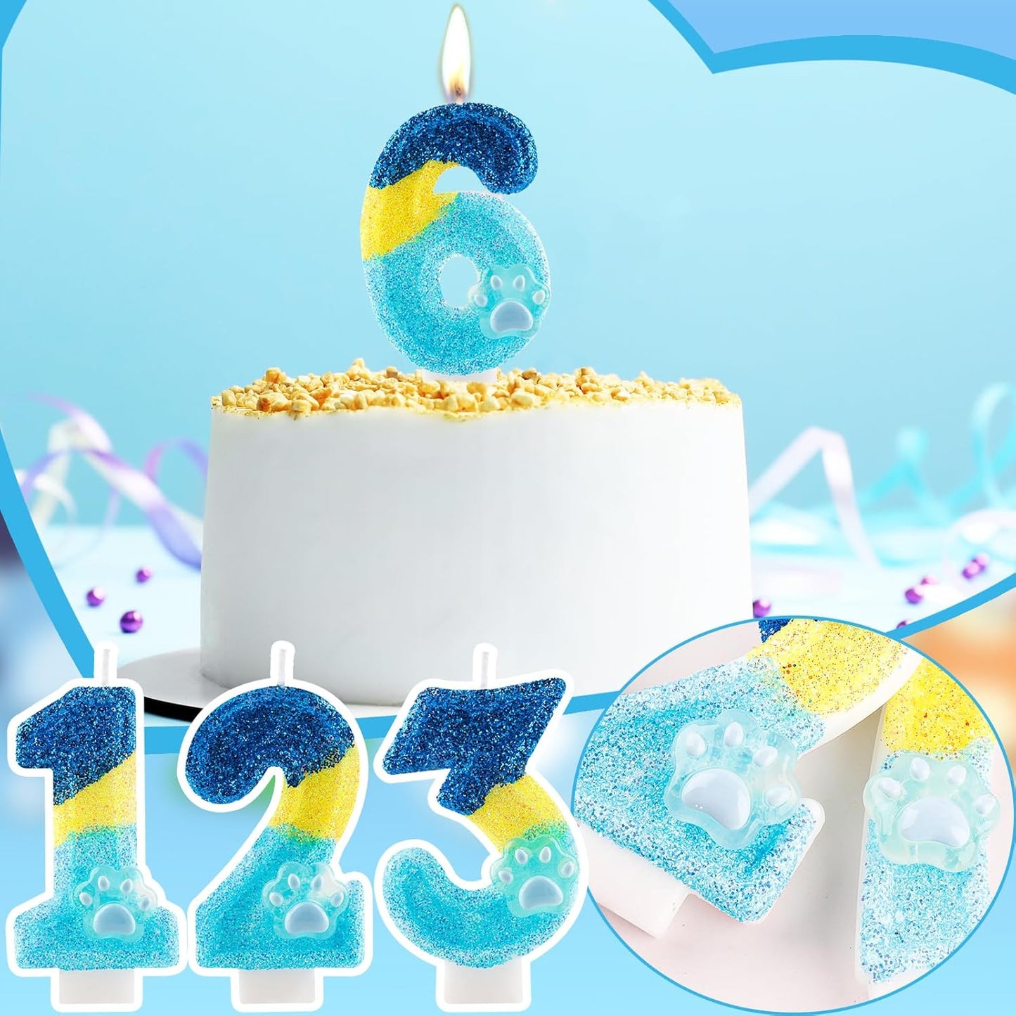 Honglus Glitter Blue Dog Paw 2 Candle for Birthday Blue Number 2 Candle Dog Paw Two Glitter Cake Topper for 2nd Birthday Party Supplies Anniversary Decorations
