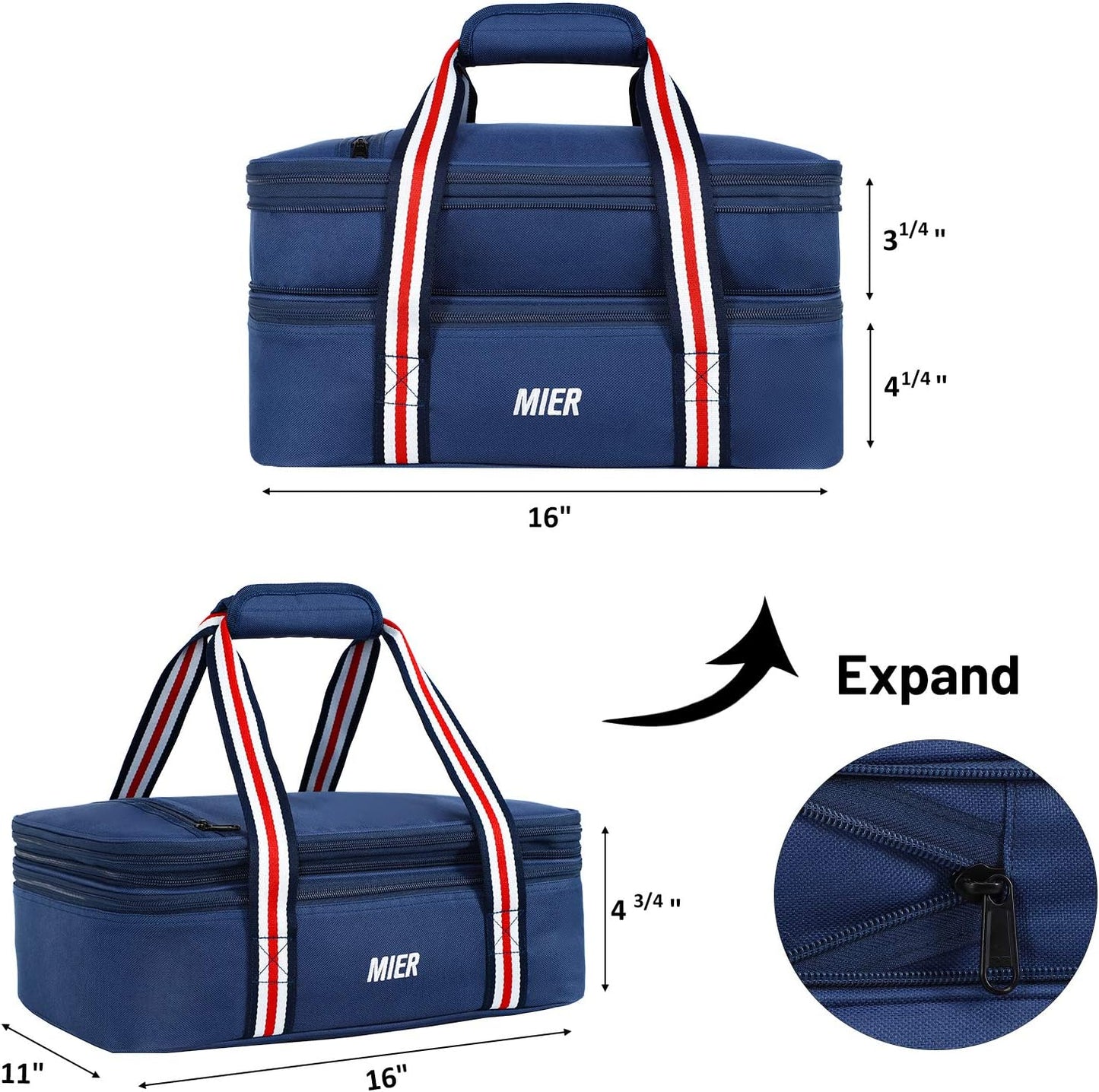 MIER Insulated Double Casserole Carrier Thermal Lunch Tote for Potluck Parties, Picnic, Beach, Fits 9 x 13 Inches Casserole Dish, Expandable by Mid Zipper, Navy
