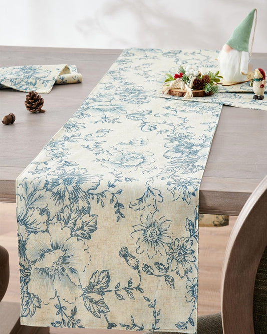 jinchan Floral Linen Table Runner for Kitchen Farmhouse Table Cloth with Blue Flower Print 13 x 72 Inch Beige Linen Blend Cloth for Kitchen Dining Table Indoor Outdoor Decor 1 Panel