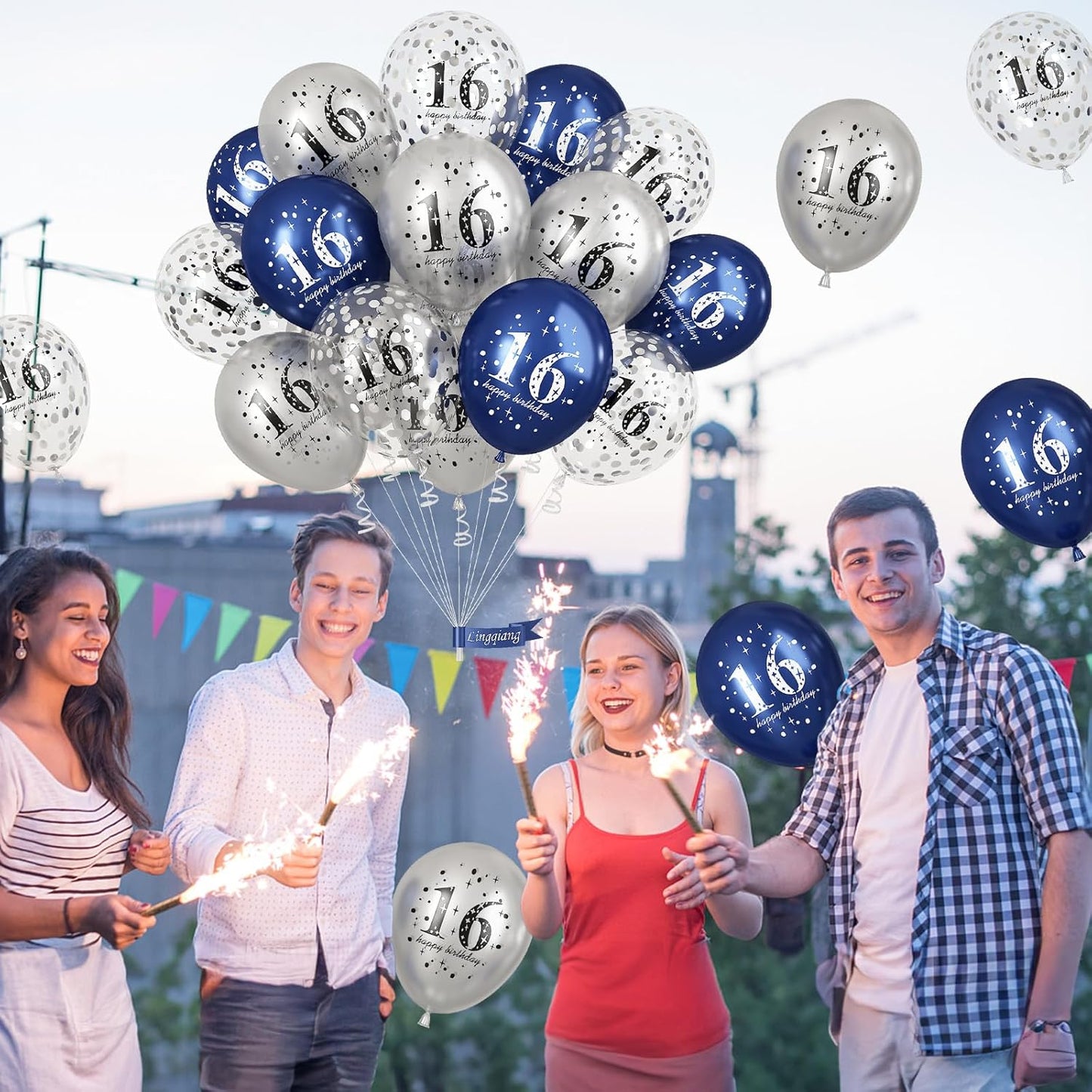 16th Birthday Decorations Boys, Pack of 15 Happy 16th Birthday Balloons Latex Helium Navy Blue Silver Confetti Balloons for Age Sixteen 16 Years Old Birthday Party Decorations Celebration Supplies