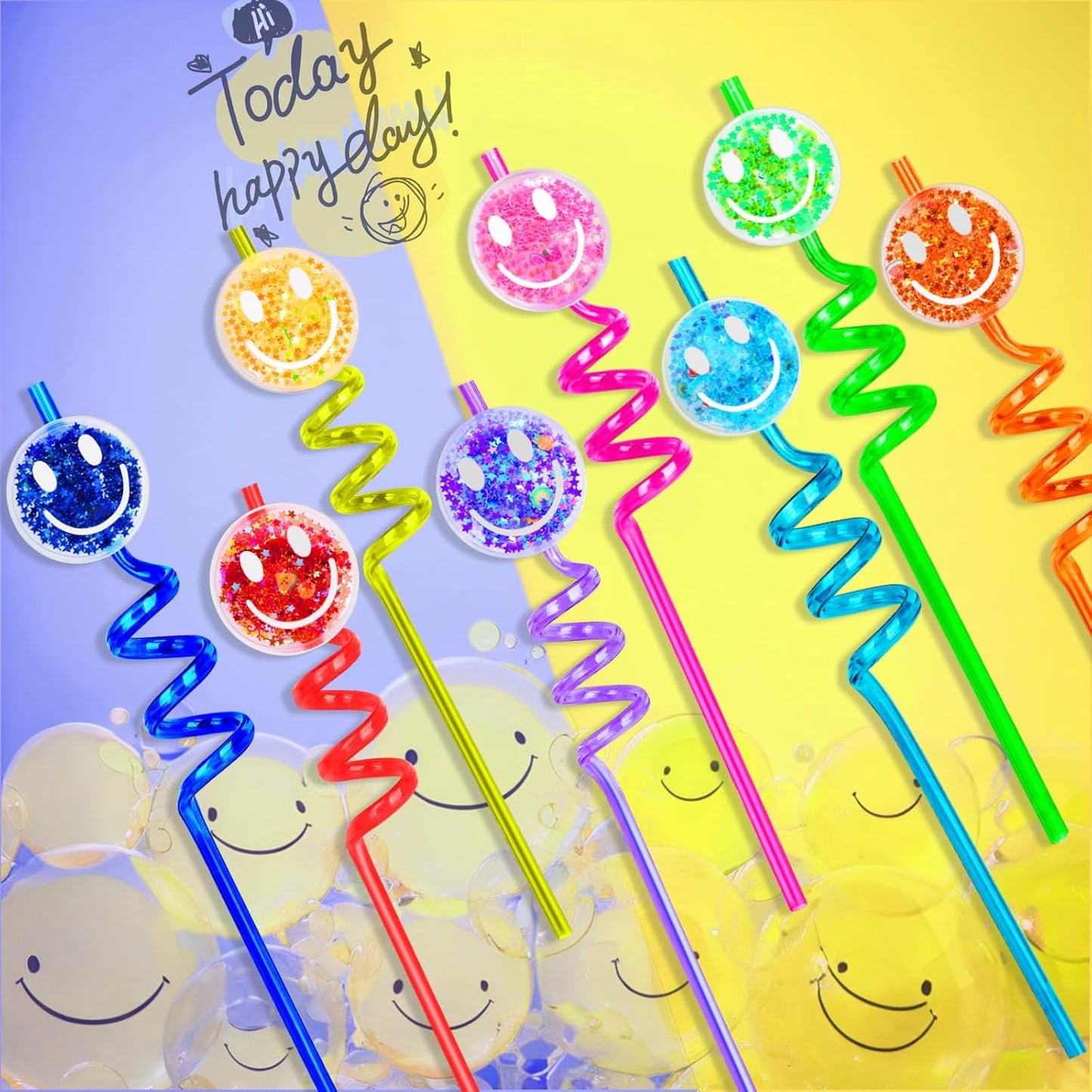 24Pcs Reusable Glitter Smile Straws,Glitter Smile Themed Party Supplies,Happy Pastel Party Decorations, Pink Girl Party With 2Pcs Cleaning Brushs
