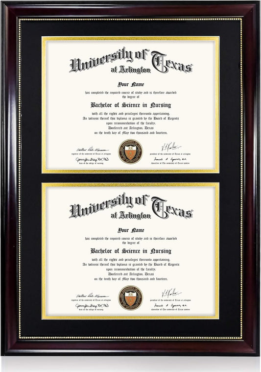 GraduationMall 14x20 Double Diploma Frame, Display 8.5x11 Certificate with Black over Gold Mat,UV Protection Acrylic,Mahogany with Gold Beads